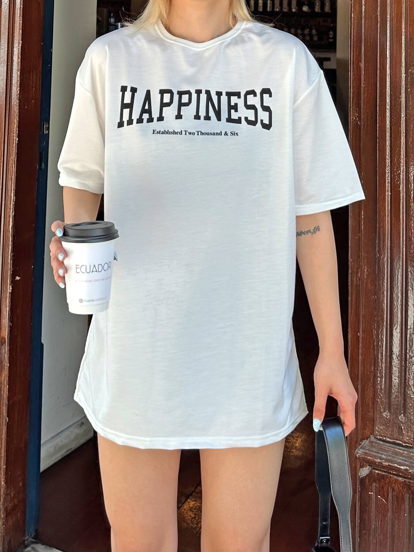 Beyaz Happiness Baskılı Oversize Kadın Tshirt - 4