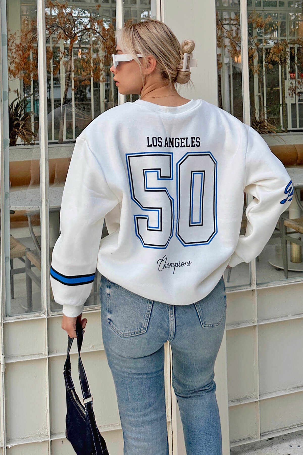 Beyaz Los 50 Sırt Baskılı Kapüşonlu Içi Pamuklu Kadın Sweatshirt - 1