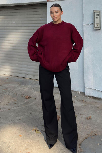 Bordo Biscuit Bisiklet Yaka Oversize Kadın Triko Kazak - 1