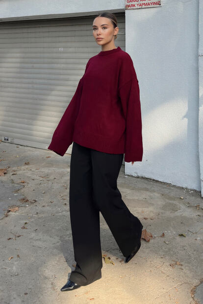 Bordo Biscuit Bisiklet Yaka Oversize Kadın Triko Kazak - 2