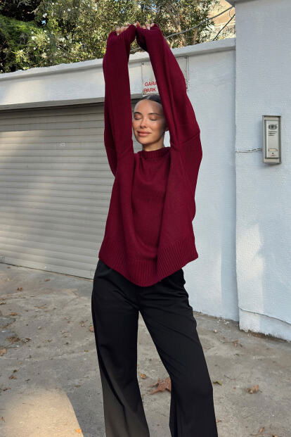 Bordo Biscuit Bisiklet Yaka Oversize Kadın Triko Kazak - 3