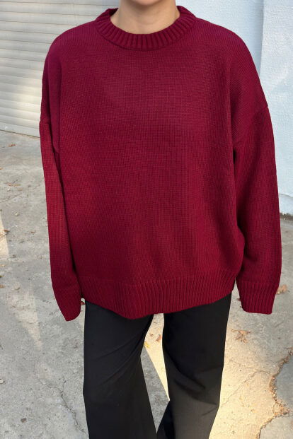 Bordo Biscuit Bisiklet Yaka Oversize Kadın Triko Kazak - 4