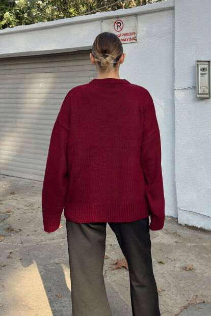 Bordo Biscuit Bisiklet Yaka Oversize Kadın Triko Kazak - 5