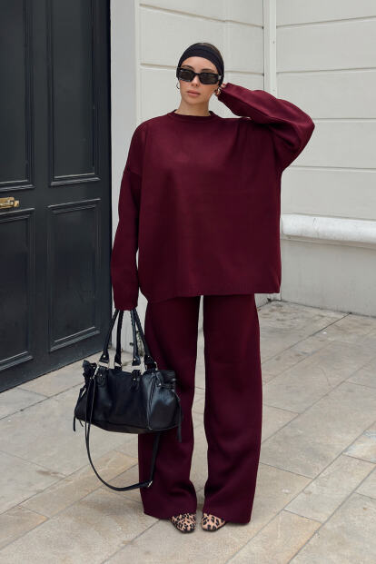 Bordo Bisiklet Yaka Oversize Kazak-Pantolon Örgü Kadın Alt-Üst Takım - 3