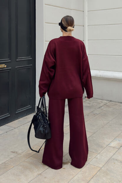 Bordo Bisiklet Yaka Oversize Kazak-Pantolon Örgü Kadın Alt-Üst Takım - 5