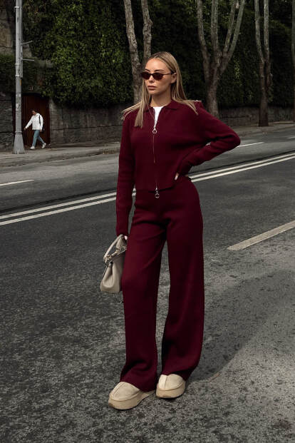 Bordo Cara Polo Yaka Çift Yönlü Fermuarlı Crop-Pantolon Kadın Triko Alt Üst Takım - 2