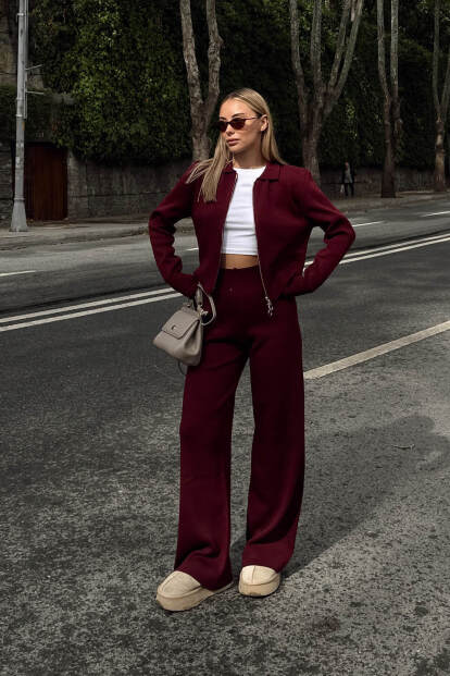 Bordo Cara Polo Yaka Çift Yönlü Fermuarlı Crop-Pantolon Kadın Triko Alt Üst Takım - 3