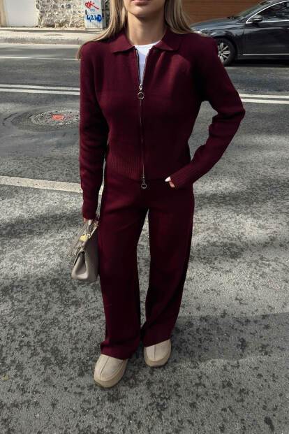 Bordo Cara Polo Yaka Çift Yönlü Fermuarlı Crop-Pantolon Kadın Triko Alt Üst Takım - 4