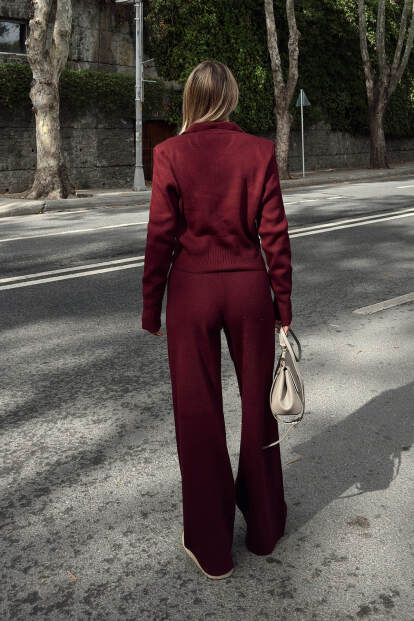 Bordo Cara Polo Yaka Çift Yönlü Fermuarlı Crop-Pantolon Kadın Triko Alt Üst Takım - 5