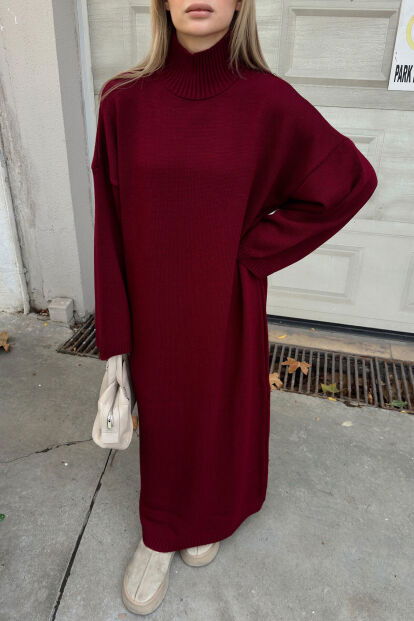 Bordo Daly Yarım Balıkçı Oversize Kadın Triko Midi Elbise - 4