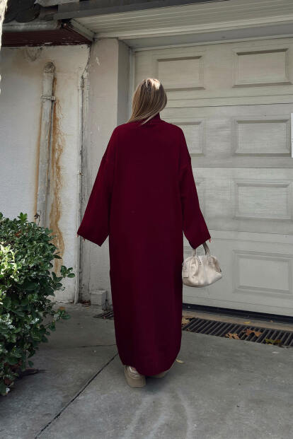 Bordo Daly Yarım Balıkçı Oversize Kadın Triko Midi Elbise - 5