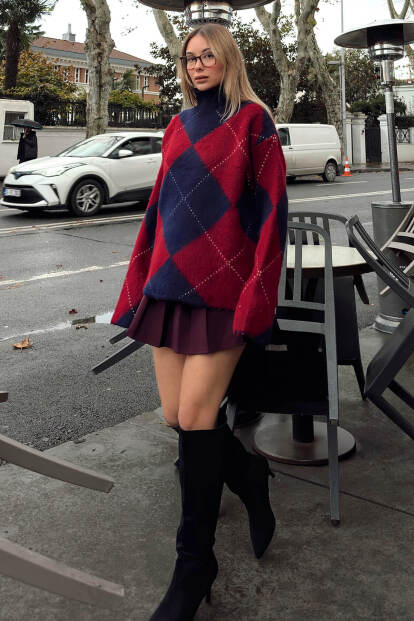 Bordo Dik Yaka Bakalava Desen Kadın Triko Kazak - 2