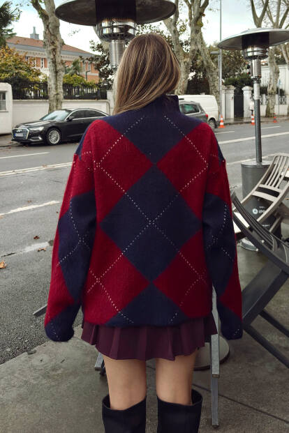 Bordo Dik Yaka Bakalava Desen Kadın Triko Kazak - 5