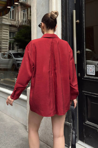 Bordo Due Oversize Modal A Pile Tek Cepli Kadın Gömlek - 5