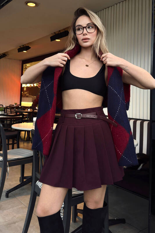 Bordo Full Pileli Kemerli Astar Şortlu Kadın Mini Etek