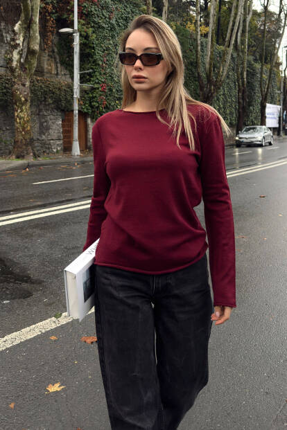 Bordo Kayık Yaka Basic Kadın Korsman Triko Bluz - 1