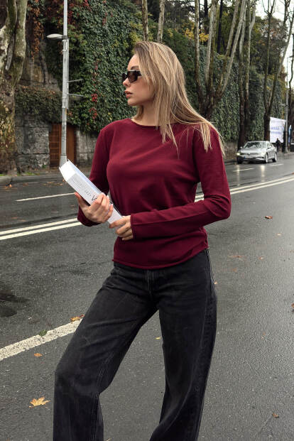 Bordo Kayık Yaka Basic Kadın Korsman Triko Bluz - 2