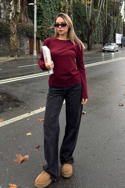 Bordo Kayık Yaka Basic Kadın Korsman Triko Bluz - 3