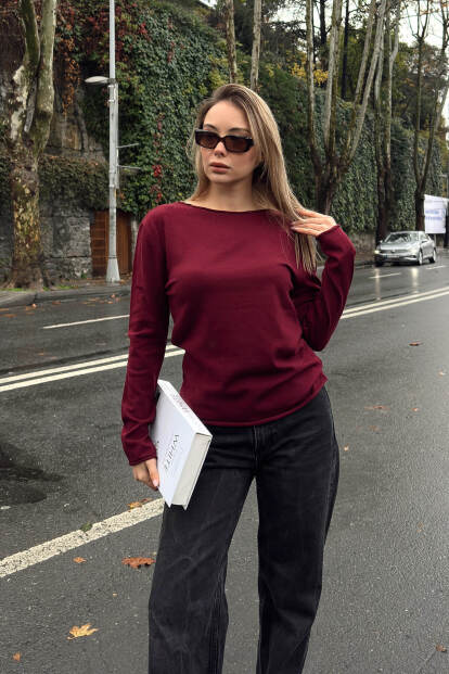Bordo Kayık Yaka Basic Kadın Korsman Triko Bluz - 4