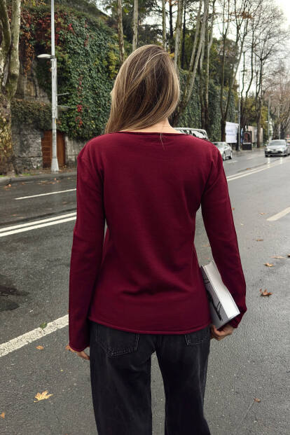 Bordo Kayık Yaka Basic Kadın Korsman Triko Bluz - 5