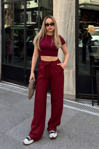 Bordo Keten Karışımlı Bol Kesim Kadın Pantolon - 3