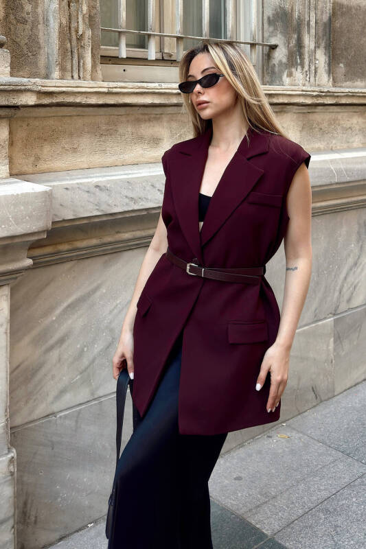 Bordo Kruvaze Vatkalı Kemerli Astarlı Oversize Kadın Blazer Yelek - SWİST (1)