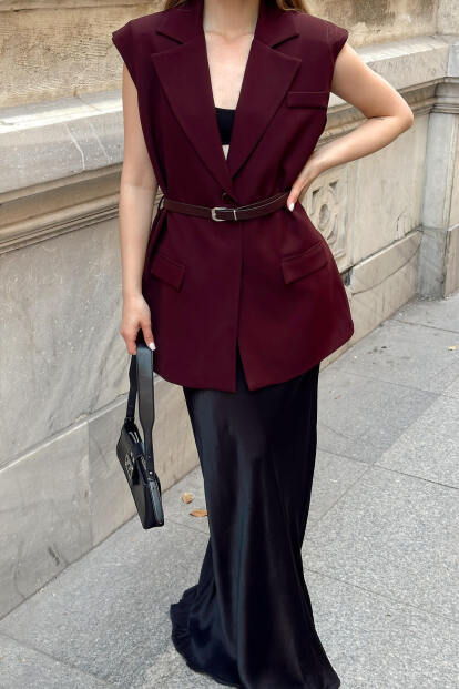 Bordo Kruvaze Vatkalı Kemerli Astarlı Oversize Kadın Blazer Yelek - 4