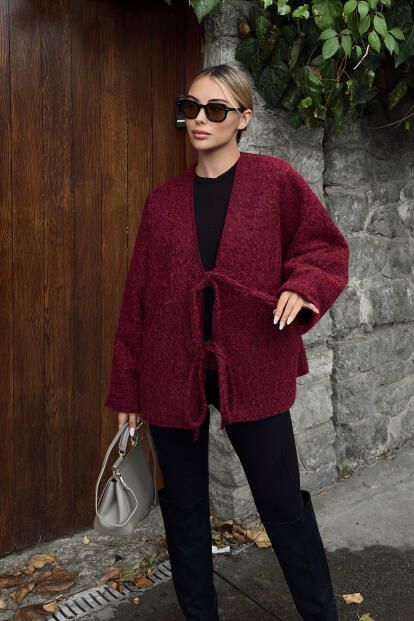Bordo Oversize Bağlama Detaylı Kadın Yün Kaşe Ceket - 2