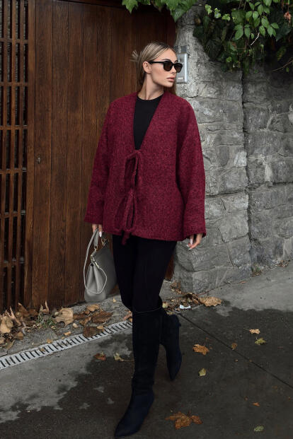 Bordo Oversize Bağlama Detaylı Kadın Yün Kaşe Ceket - 3