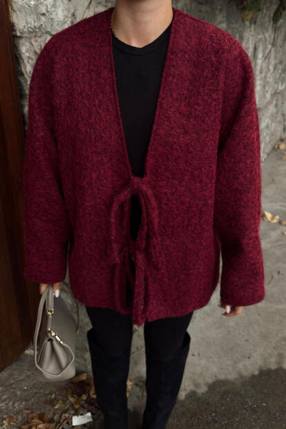 Bordo Oversize Bağlama Detaylı Kadın Yün Kaşe Ceket - 4