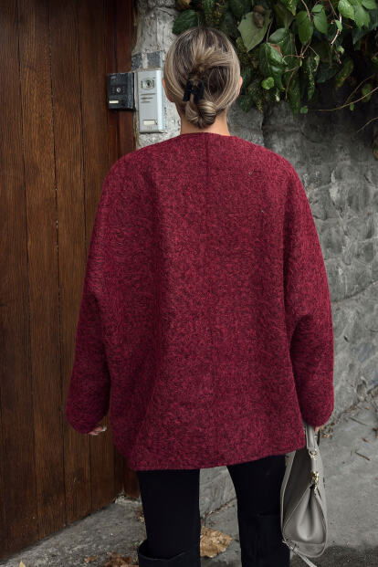 Bordo Oversize Bağlama Detaylı Kadın Yün Kaşe Ceket - 5