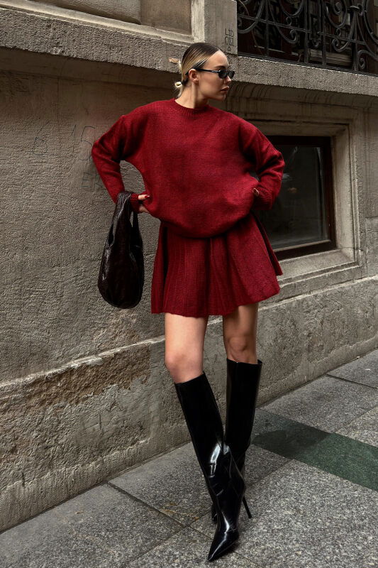 Bordo Paloma Piliseli Etek-Bisiklet Yaka Kazak Kadın Triko Alt Üst Takım - SWİST (1)