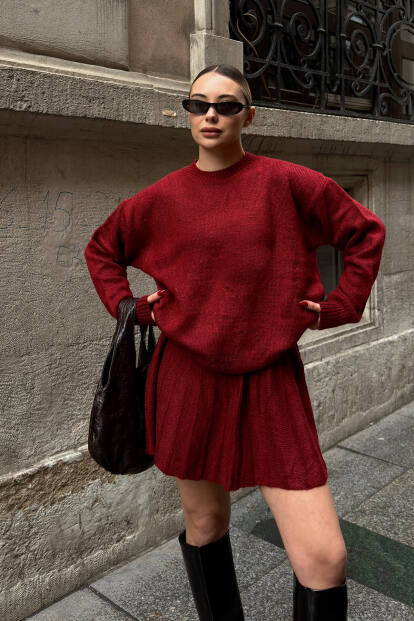 Bordo Paloma Piliseli Etek-Bisiklet Yaka Kazak Kadın Triko Alt Üst Takım - 3