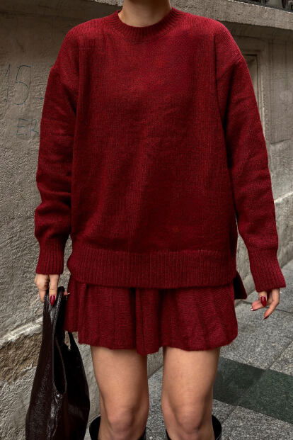 Bordo Paloma Piliseli Etek-Bisiklet Yaka Kazak Kadın Triko Alt Üst Takım - 4