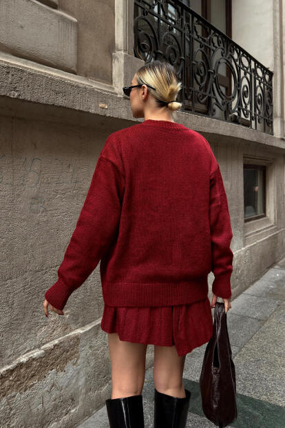 Bordo Paloma Piliseli Etek-Bisiklet Yaka Kazak Kadın Triko Alt Üst Takım - 5