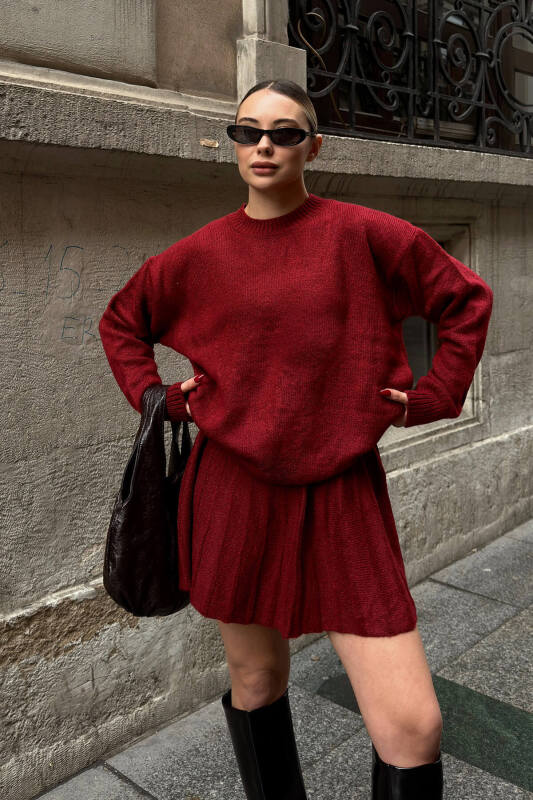 Bordo Paloma Piliseli Etek-Bisiklet Yaka Kazak Kadın Triko Alt Üst Takım - SWİST (1)