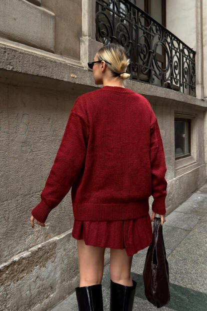 Bordo Paloma Piliseli Etek-Bisiklet Yaka Kazak Kadın Triko Alt Üst Takım - 5