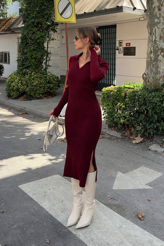 Bordo Polo Yaka Kol Detay Kadın Triko Midi Elbise - SWİST (1)