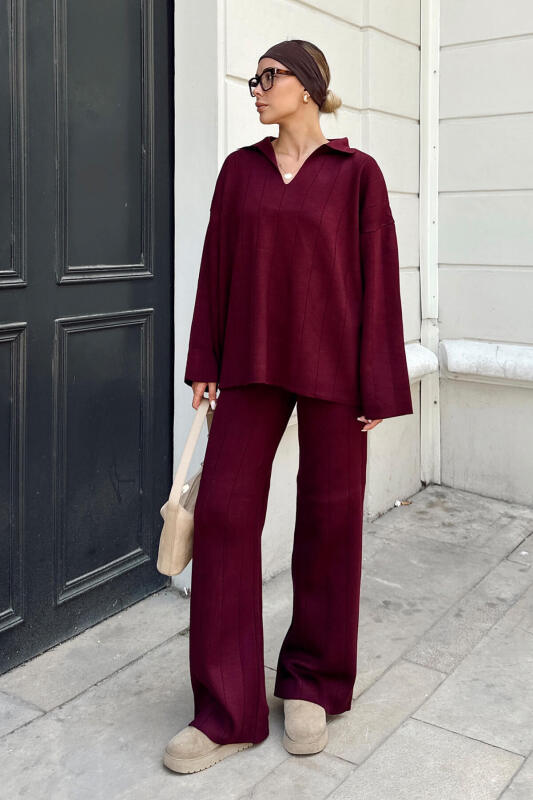 Bordo Pra Polo Yaka Oversize Kazak-Pantolon Örgü Kadın Alt-Üst Takım - SWİST (1)