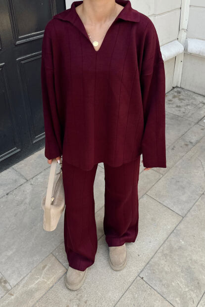 Bordo Pra Polo Yaka Oversize Kazak-Pantolon Örgü Kadın Alt-Üst Takım - 4