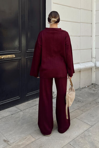Bordo Pra Polo Yaka Oversize Kazak-Pantolon Örgü Kadın Alt-Üst Takım - 5