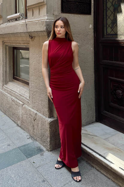 Bordo Sassy Kolsuz Bel Drapeli Yırtmaçlı Kadın Elbise - 2