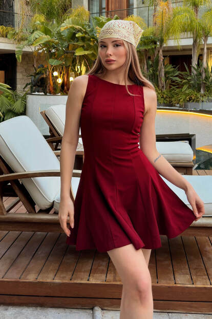 Bordo Sıfır Kol Volanlı Kadın Mini Elbise - 2