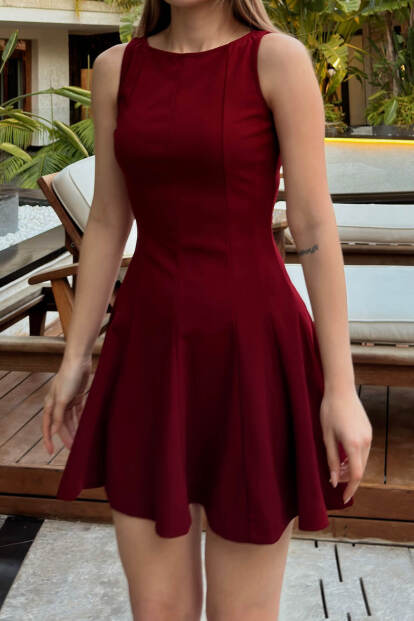 Bordo Sıfır Kol Volanlı Kadın Mini Elbise - 4