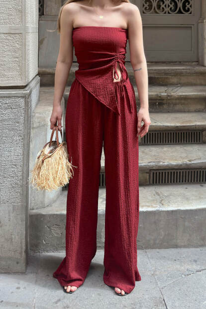 Bordo Straplez Asimetrik Crop-Pantolon Bürümcük Kadın Altı Üst Takım - 4