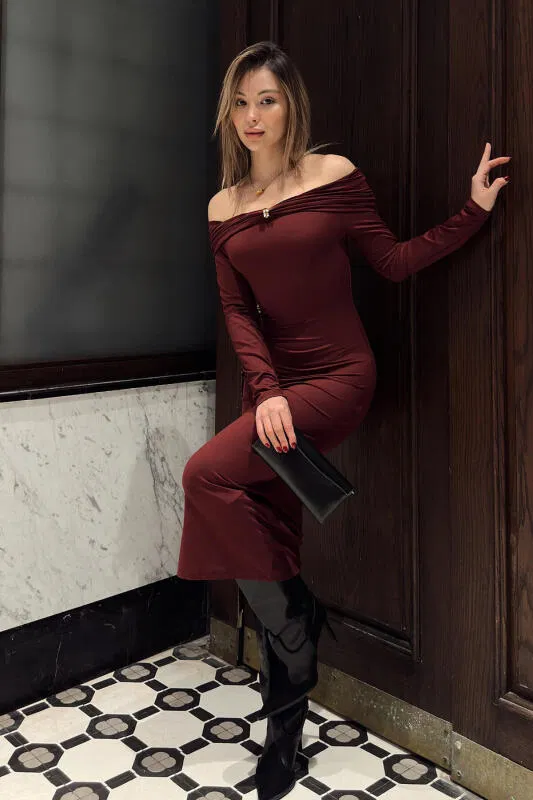 Bordo Toka Detaylı Madonna Yaka Uzun Kollu Kadın Sandy Midi Elbise - SWİST (1)