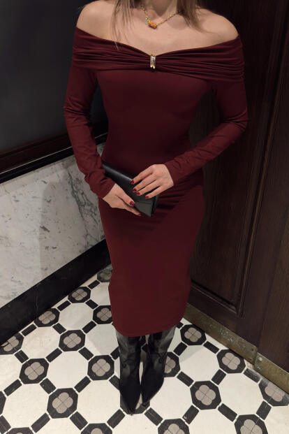 Bordo Toka Detaylı Madonna Yaka Uzun Kollu Kadın Sandy Midi Elbise - 4
