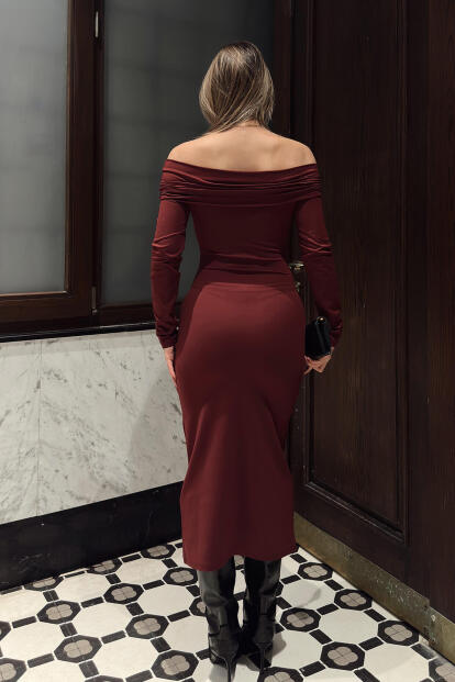 Bordo Toka Detaylı Madonna Yaka Uzun Kollu Kadın Sandy Midi Elbise - 5