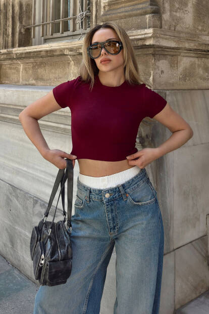 Bordo Ulya Bisiklet Yaka Kısa Kol Kadın Crop T-shirt - 2
