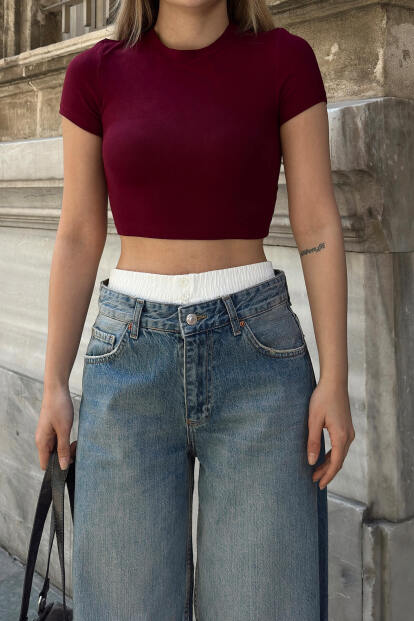 Bordo Ulya Bisiklet Yaka Kısa Kol Kadın Crop T-shirt - 4